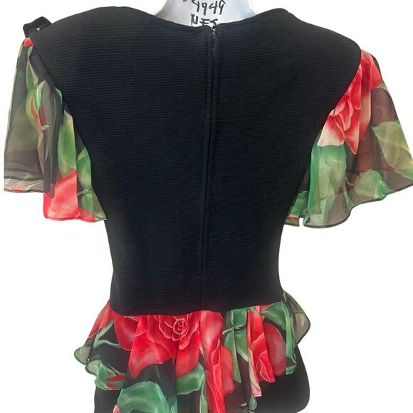 80’s Jon Wesley Floral Pattern Red Rose Blk Blouse Women’s 8 Dress Top - Picture 7 of 10